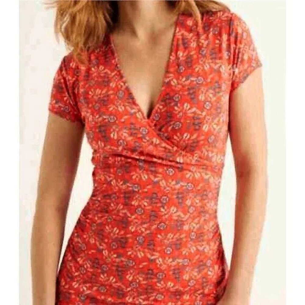 Boden Red Floral Wrap-Style Short Sleeve Top